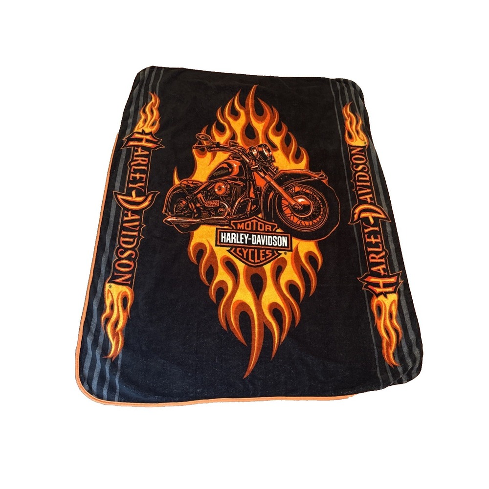 Harley Davidson Motorcycle Bike Fleece Throw Blanket 4'x 5' Flames 2008‎ Biker